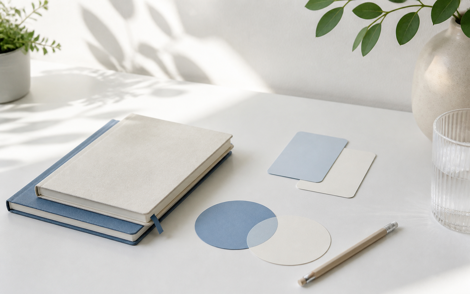 Notebooks and reflection cards on a bright desk